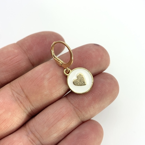 Gold and White Heart Charm Earrings - Picture 4 of 5